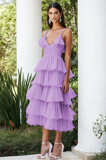 Lilac Spaghetti Straps A Line Tiered Chiffon Long Formal Dress with Ruffles